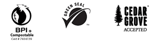 Certifications for compostable products including BPI Compostable Certification (CERT #7414139) and Compost Manufacturing Alliance Composter Approved CMA-S logo.
