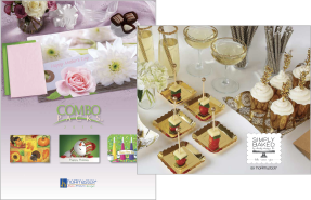 Two Hoffmaster marketing brochures featuring party and catering supplies. One brochure showcases floral-themed table settings, and the other shows upscale dessert and drink presentations.